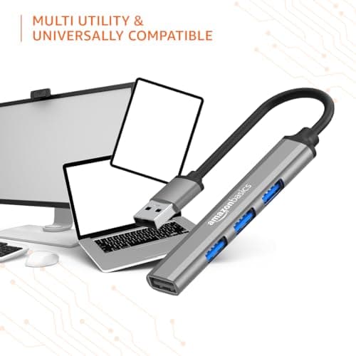 Amazon Basics 4-in-1 Hub Multiport Adapter, USB Hub with Aluminium Shell, 1 x USB 3.0 & 3 x USB 2.0 for PC, MacBook, Mac mini, iMac, Tablet, and Mobile Phones 6