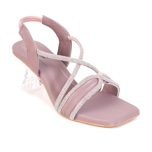 ROZLYN Women's Synthetic Crystal Sandal, Square Toe, Block Heel, Criss-Cross Diamante Straps, Slingback Elastic, Elegant Party and Casual Wear (Pack Of 1) (Pink, UK Footwear Size System, Adult, Women, 4