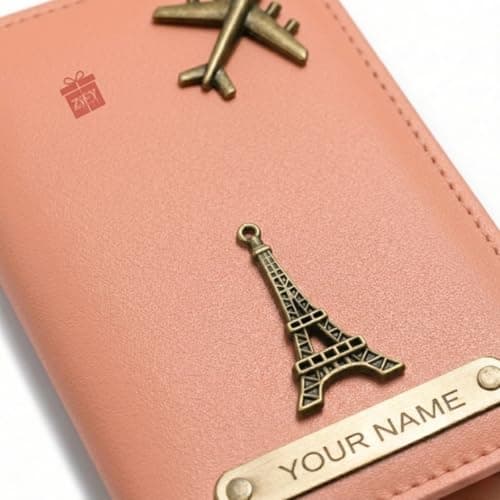 Zift Custom Name & Charm Faux Leather Passport Cover - 4 Card Slots Travel Organizer for Men & Women - Slim Passport Protector - Best for Diwali Birthday Farewell Return Corporate Gifts (Peach) 5