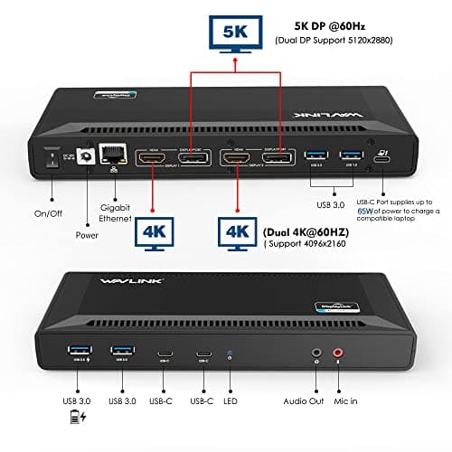 WAVLINK USB C Dual 4K HDMI&DP Universal Docking Station, Dual 4K@60Hz & Single 5K@60Hz 4