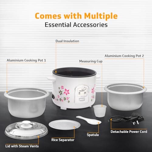 V-Guard VRC 1.8-Litre Electric Rice Cooker with 700 W Power, 2 Pots, Spatula, Rice Separator 5-Yr Heating Plate & 2-Yr Product Coverage Automatic Cooking with Double-Layered Body & Cool Touch Handles 3