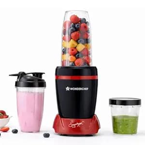 Wonderchef Nutri-Blend Turbo 750W Mixer Grinder Blender Smoothie Maker, 22000 RPM, 3 Jars, Stainless-Steel Blades, Sipper Jar & Lid, 2-Yr Warranty, FREE Recipe Book by Chef Sanjeev Kapoor, Black & Red