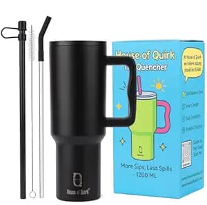 House of Quirk 1200ML Stainless Steel Tumbler with Handle & Lid, 2 Straws – Large Travel Mug Water Cup for Gym, Office & Outdoor Use (Black)