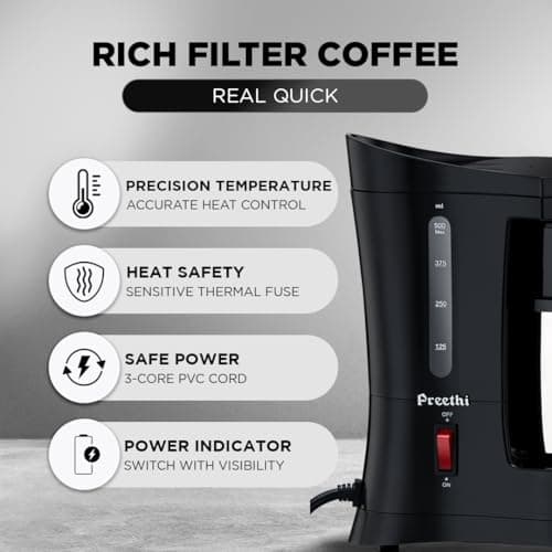 Preethi Cafe Zest Drip Coffee Maker| 450W Coffee Machine for Home | 500ml Capacity | Black (CM 210) 5
