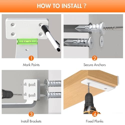 HIRVALL ® 8 Inch Shelf L Shape Pack of 4 White 160 lbs Load Capacity, Metal Brackets for Floating & Wooden Shelves - Novel Shape, 1/5 Inch Thick, Rust-Proof Wall Mount Bracket 3