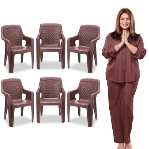 MAHARAJA Plastic Chair Set, Chair for Living Room, Home, Plastic Chair for Home with Arm Rest/Modern Stylish Design with Glossy & Matte Finish Bearing Capacity 200Kg. (Brown, Pack of 6)