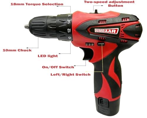 Inditrust Dumdaar 12V Cordless Drill Screwdriver Tool Kit (25pcs) | 1350 RPM, Two-Speed | 10mm Keyless Chuck | Multi-Torque Clutch | Reversible Switch | Includes 2 x 1.5Ah Batteries 4