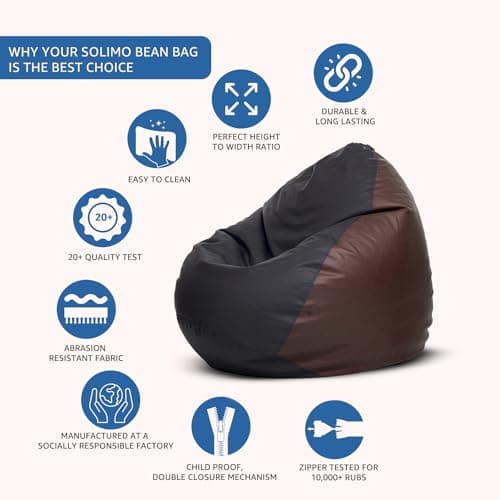 Amazon Brand - Solimo 4XL Bean Bag Cover Without Beans, Faux Leather Classic Bean Bags Cover with Handle & Zipper, Bean Bag Cover for Living Room & Bedroom (Black & Brown) 4