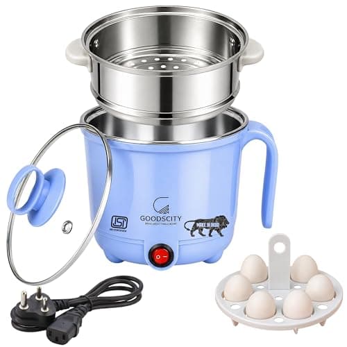 GOODSCITY Multifunctional 3-in-1 Electric Kettle 1.5L| Stainless Steel Pot with Steamer & Egg Tray | Compact Multi Cook,Steam & Boil Veggies, Tea,Coffee, Water,Baby food | 600W |1 Year Warranty |GC201