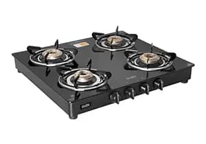 Glen PNG Gas Stove 4 Burner | Toughened Glass Top | Brass Burners | Manual Ignition | Black | ISI Certified | 360 Revolving Inlet Nozle I 2 Years Warranty | 1043GTBBBLPN