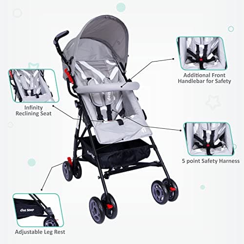 1st Step Jet Baby Stroller/Pram with 5 Point Safety Harness and Adjustable Handles (Grey) 3