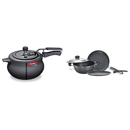 Prestige Svachh Nakshatra Plus Hard Anodised Aluminium Inner Lid 5 Litre Pressure Handi & Omega Select Plus Residue Free Non-Stick Kitchen Set, 3-Pieces/Silver, Aluminium