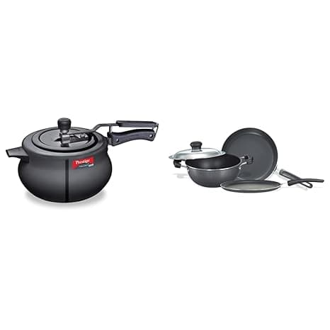 Prestige Svachh Nakshatra Plus Hard Anodised Aluminium Inner Lid 5 Litre Pressure Handi & Omega Select Plus Residue Free Non-Stick Kitchen Set, 3-Pieces/Silver, Aluminium