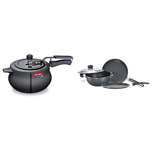 Prestige Svachh Nakshatra Plus Hard Anodised Aluminium Inner Lid 5 Litre Pressure Handi & Omega Select Plus Residue Free Non-Stick Kitchen Set, 3-Pieces/Silver, Aluminium
