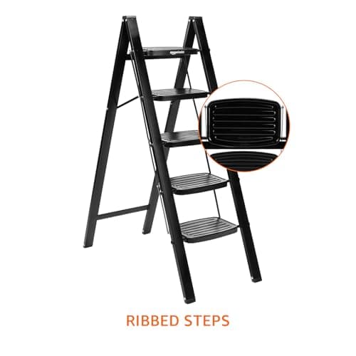 Amazon Basics Clamber Max - Non-Trip and Flat-Foldable Step Ladder, with Anti-Skid Steel Steps, 5 Steps (Steel, Matte Black) 4