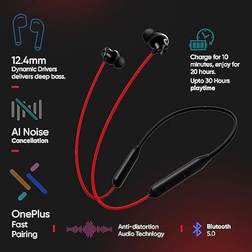 Original Bullets Wireless Z2 in-Ear Neckband, 12.4mm Drivers, 3D Spatial Audio, 10 Min Charge 27H Playtime, AI Noise Cancellation, BT5.4, [Red] Color 2