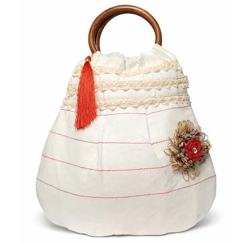 ATHZ Ivora Bloom Handcrafted Cotton Handbag for Women with Wooden Handle, Stylish Indo Fusion Day Bag, Lightweight Casual & Outing Purse with Tassel & Floral Detail (Off white, Red, Brown)