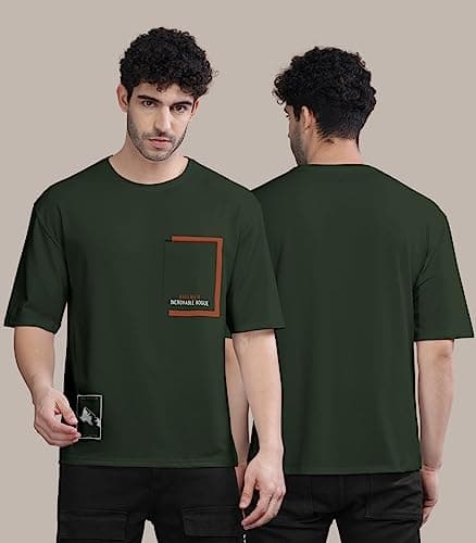 BULLMER Trendy Front Printed Oversized Round Neck T-Shirt for Men - Olive/Large 2