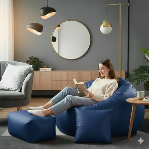 GIGLICK Luxury 5XL Jumbo Bean Bag with Footrest & Cushion | Premium Leatherette | High-Density Beans Filled | Heavy Duty Double Stitch | 6 Months Warranty Color- (Navy Blue) (Royal Blue)