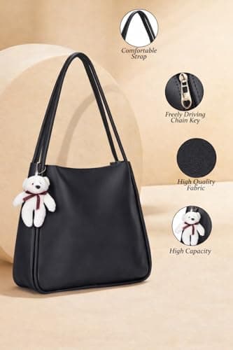 SIJJEEL Women's Handbag, Black Synthetic Leather Shoulder Bag with Bear Charm, Rectangular Tote with Zipper Closure, One Size 2