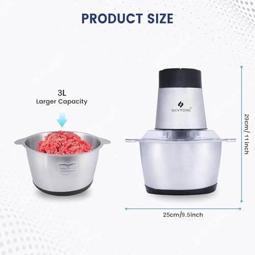 SKYTONE Electric Chopper, Meat Chopper With Stainless Steel Bowl Heavy 700W Motor - 2 Speed Modes For Kitchen Food Processor, Meat, Vegetables, Onion, Mince (3L) 3