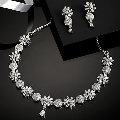 ZENEME Rhodium Plated Silver Toned White American Diamond Studded Necklace With Earring Jewellery Set For Women and Girl (White) 2