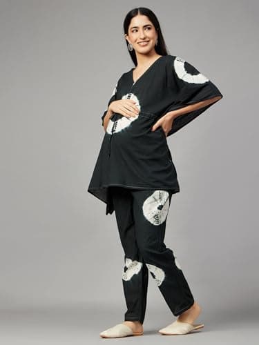 Aaheli Black Tie-Dye Maternity Kaftan Feeding Night Suit & Loungewear Set for Women | Front Open Nursing Top & Pants | Soft Cotton, Comfortable Fit 2