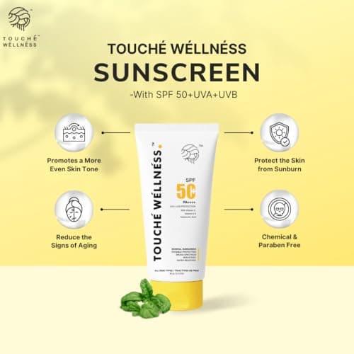 Touché Wellness SPF 50 PA+++ Mineral Sunscreen | Water Resistant Upto 8 hours | Chemical filter free | Non-greasy | Lightweight | No White Cast | Broad spectrum | For All Skin Types| With Vitamin C, E 3