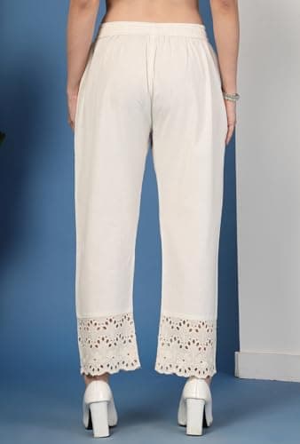 Pistaa's Women's Pure Cotton Regular Hem Design Solid Palazzos (34, Bright Cream) 4