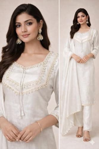 TVESA Women's Ethnic Kurta Pant Suit Set, Lace Embellished Kurta with Palazzo Pants and Dupatta. (white, L)