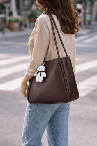 SIJJEEL Women's Handbag Synthetic Leather Shoulder Bag with Bear Charm Tote One Size Women's Shoulder Bag Faux Leather Tote (Brown) 3