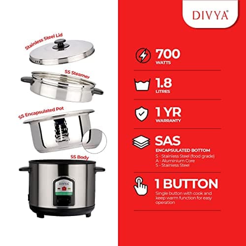 DIVYA Stainless Steel 1.8 Liters Cylinder Electric Rice Cooker 700W and Steamer 3