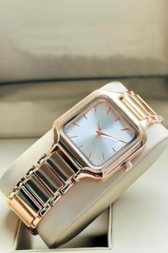 styledose Newly Arrived Women Stainless Steel Casual Watch Embossed Sqaure Dial Women's Watch with Rose Gold Stainless Steel Strap (Rose Gold) 6