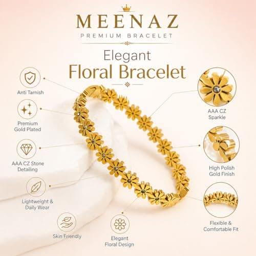 MEENAZ Gold Bangle Diamond Bracelets for Women Stylish | Stainless Steel Bangle for woman Floral Design Kada for Girls| Anti Tarnish Jewellery for women | Valentine Gift for girlfriend Ladies for woma 5