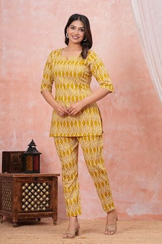 Alpha Women Printed Cotton Co Ord Set for Women Casual & Festive Indo-Western Outfit Kurta Pant Set XL Yellow 3