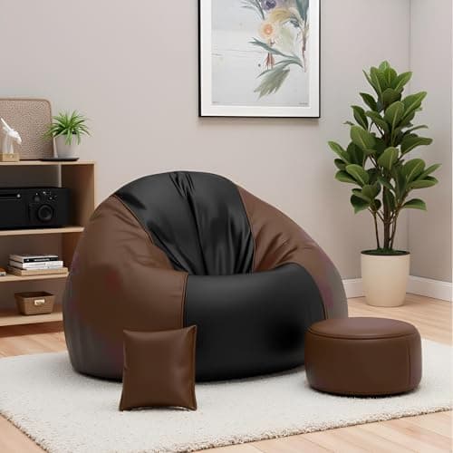 OHSTORE 4XL Faux Leather Bean Bag Cover Set with Matching Footrest and Cushion – No Filling, Great for Home, Office, and Gaming Lounge, Brown & Black (Only Cover) 4