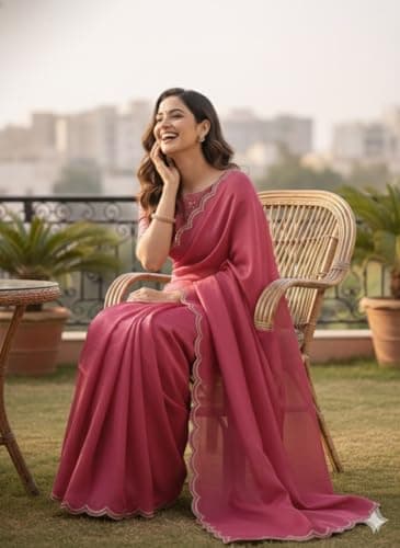 Embroidered Saree with Blouse, Traditional Indian Ethnic, Floral Design (Peach) 4