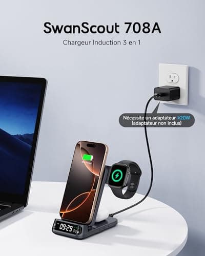 SwanScout Wireless Charger for iPhone 17, SwanScout 708A, 3 in 1 Charging Station for iPhone Air/16/15/14/13/12, Foldable Charging Stand for Apple Watch Ultra/11/10/9/8/7/6, for AirPods (No Adapter) 2