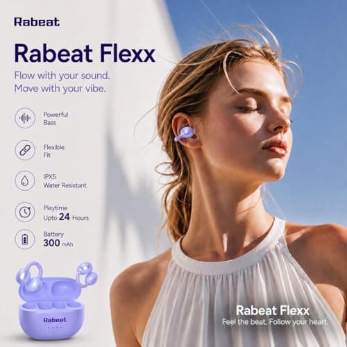 Rabeat Flexx Air Buds OWS Earbuds with Clip-On Fit, Air Conduction Tech, 50HRS Battery, 4Mics ENx, Dual EQ Modes, 10mm Drivers, 40ms Latency, Bluetooth Wireless Earphones, Cool Purple 3