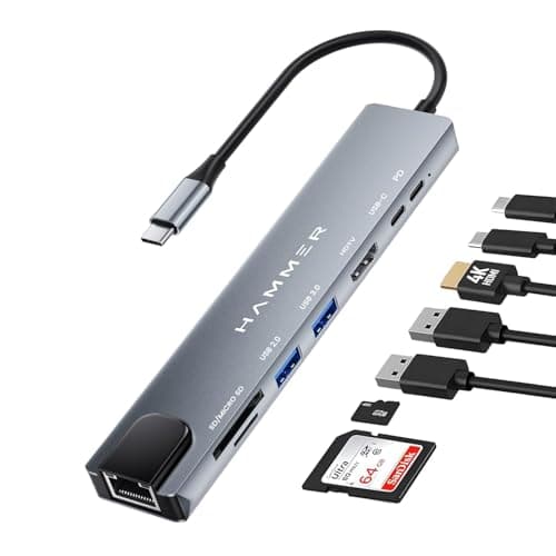 HAMMER 8-in-1 USB-C Hub | 100W PD Charging, 5Gbps Data Transfer, HDMI 4K, (RJ45) Ethernet Port, SD/TF Card Reader, USB 3.0 & 2.0 | Multiport Adapter for Laptop, MacBook, & Smartphones (Grey)
