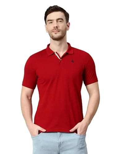Cantabil Men's Cotton Blend Solid Polo Neck T-Shirt (Regular Fit) Red 2