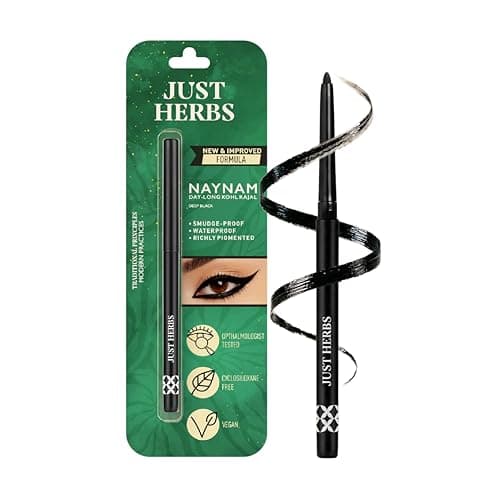 Just Herbs Naynam Day- Long Kohl Kajal | Cyclosiloxane-Free | Almond Oil + Vitamin E | Intense Black | 24-Hour Stay, Smudge-proof & Waterproof | Ophthalmologist-Tested | 0.3g