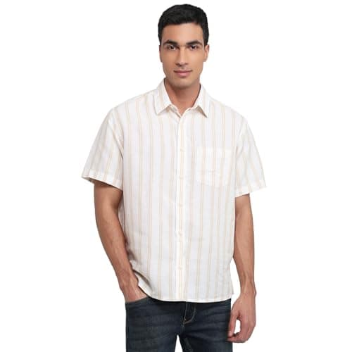 Colorplus Men Comfort Fit Stripe Pattern Linen Cotton Blend Plain Collar Half Sleeve Casual Shirt Yellow