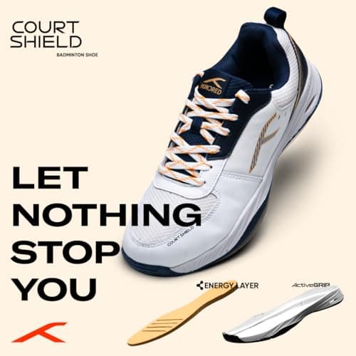 Hundred Unisex-Adult Court Shield Non-Marking Badminton Shoes|Enhanced Court Control Outsole for Precision|X-Cushion|Ideal for Indoor,Synthetic & Wooden Surfaces(White/Navy/Gold ;8 UK) 2