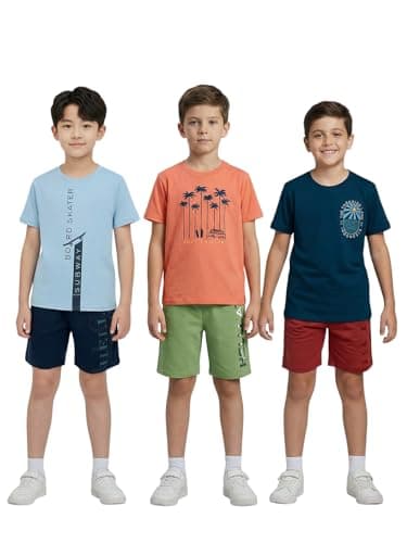 HELLCAT Boys Printed Round Neck T-Shirt with Shorts Set | Multicolor | Pack of 3_Blue2_12-13Years