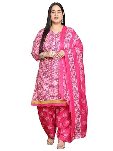 Rajnandini Women Cotton Blend Pink Printed Plus Size Ready to Wear Patiala Salwar Suit (Readymade_10XL_JOPLVSMRW4281X-10XL)
