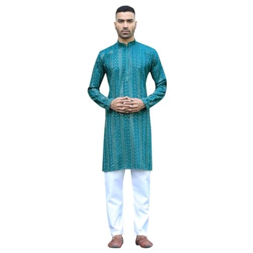 KRAFT INDIA Men Silk Rayon Ethnic Motifs Embroidered Mandarin Collar Sequinned Teal Blue Kurta with Elastic Waistband White Pyjama