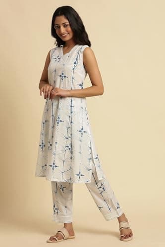 W for Woman White Printed Cotton Co-Ord Kurta Sets With Straight Pant_24FEWS10529-123082_3XL 3