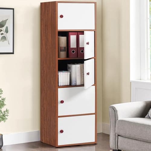 ABOUT SPACE Wooden Cabinet - 5 Tier Storage Cabinet for Living Room with Magnetic Door, Space Saving Book Self for Home, Engineered Wood Kitchen Crockery Unit (Oak Red - L 38 x B 38.5 x H 165.5 cm)