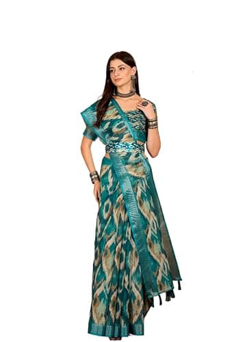OYZO Women's Silk Blend Saree with Ikat Print, Teal and Beige, Traditional Indian Ethnic Wear